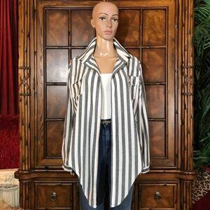 Charcoal White Stripe Cotton Blend Open Front Shirt